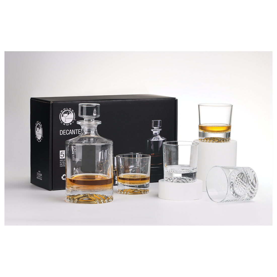 Elevate Your Drinking Experience with the 850ml Round Glass Decanter Set with Four DG401 Glasses and Gift Box - DCS401 Whiskey Set